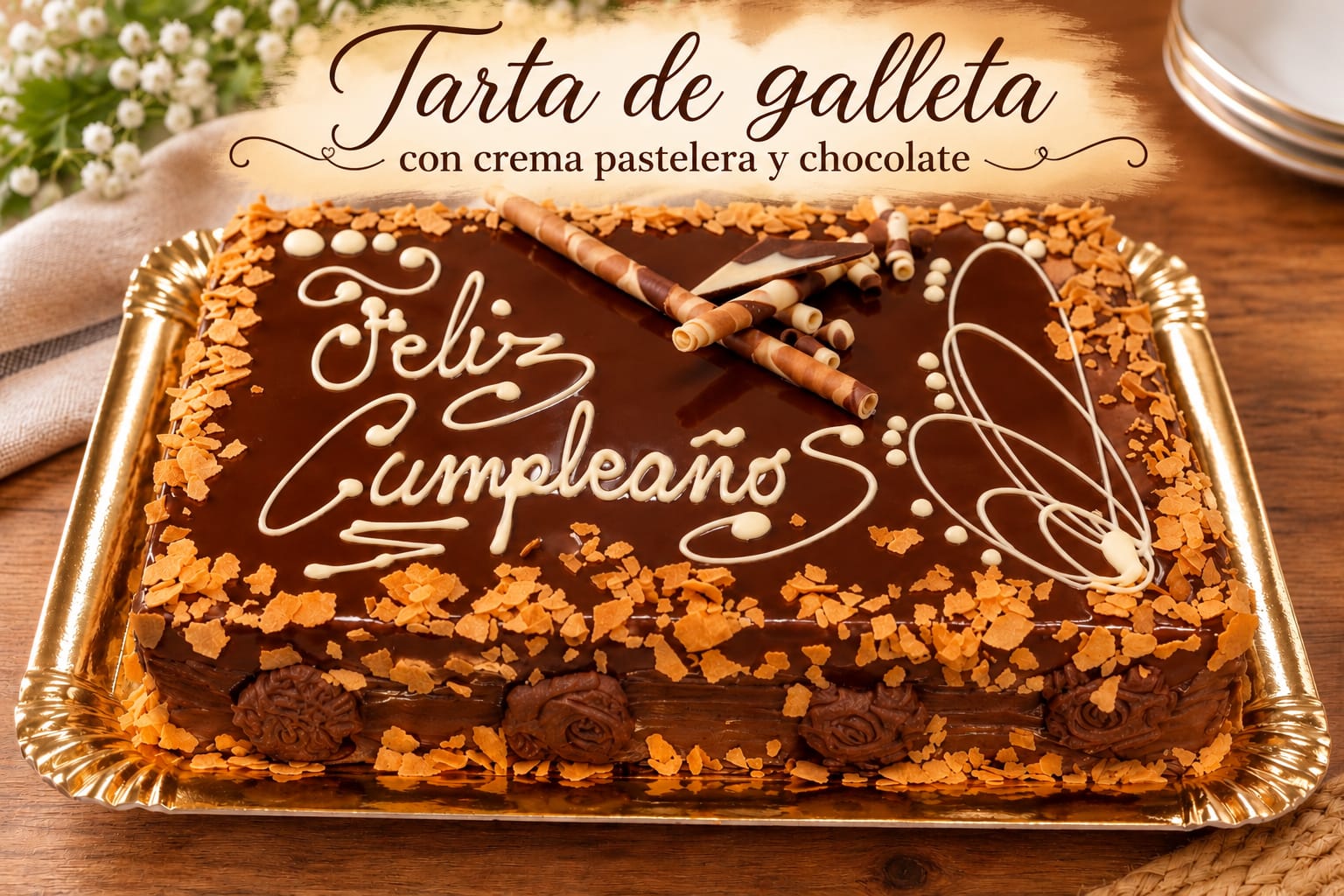 Tarta de galleta con crema pastelera y chocolate de Pasteleria Fernando en Novelda