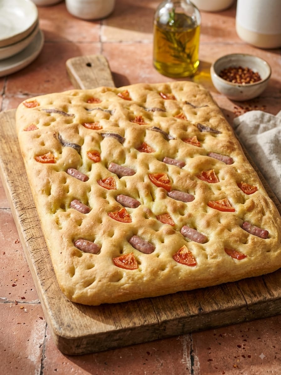 Coca salada tradicional con tomate, salchichas y anchoas de Pasteleria Fernando en Novelda
