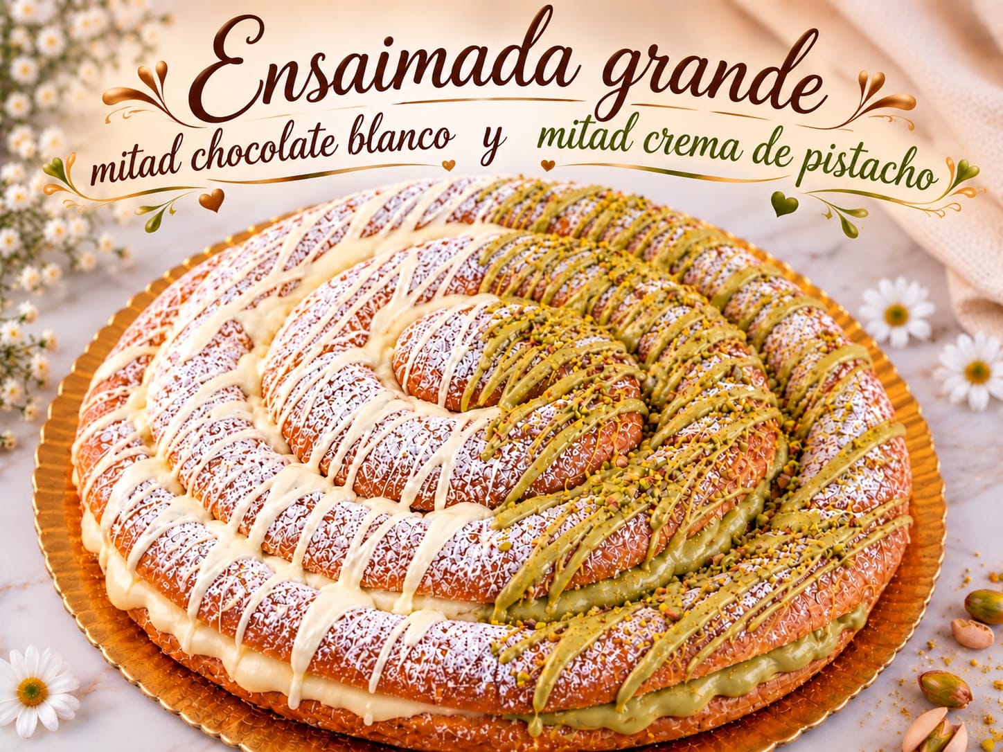 Ensaimada grande mitad chocolate blanco y mitad crema de pistacho de Pasteleria Fernando en Novelda