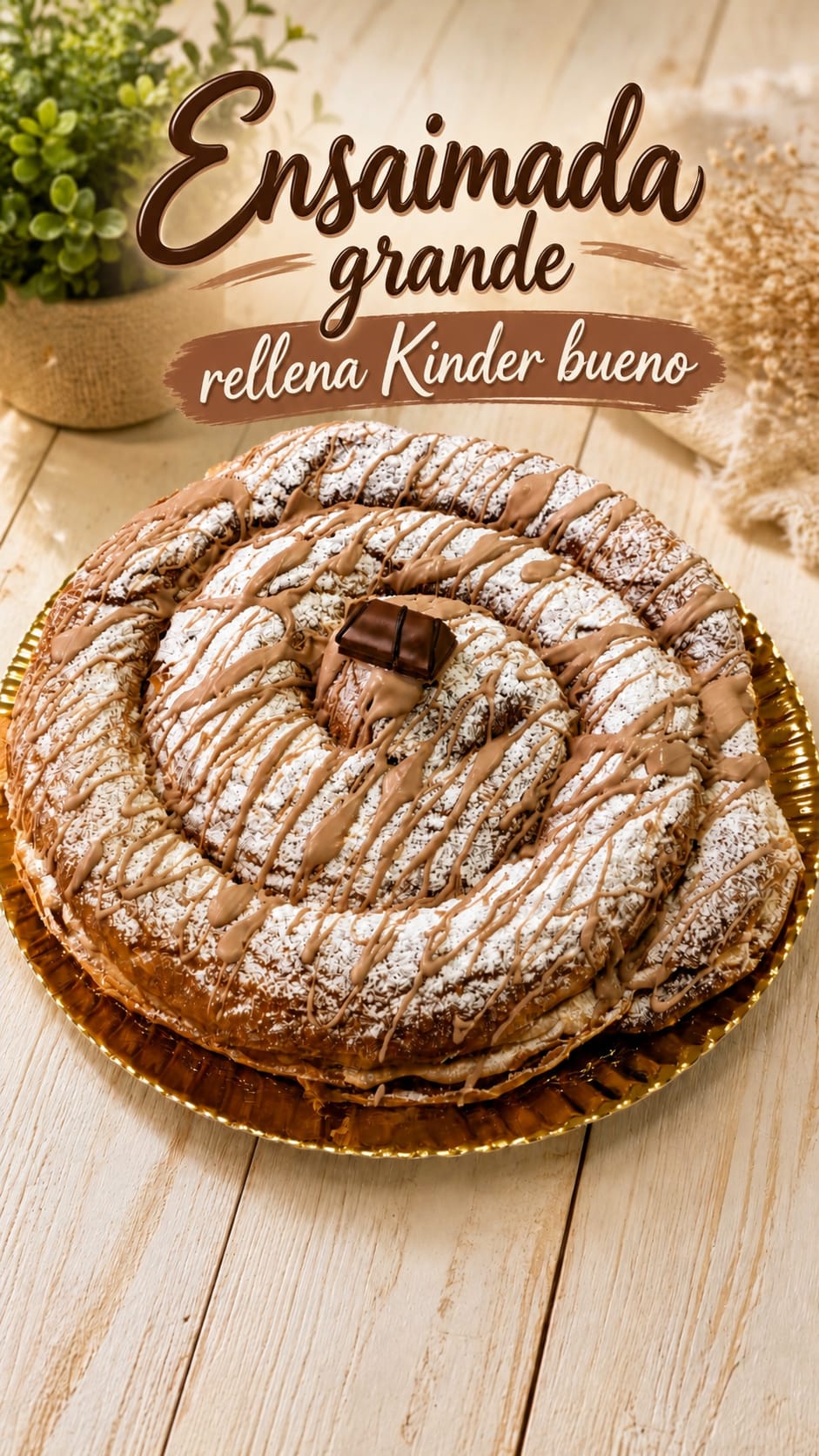 Ensaimada grande rellena de Kinder Bueno de Pasteleria Fernando en Novelda